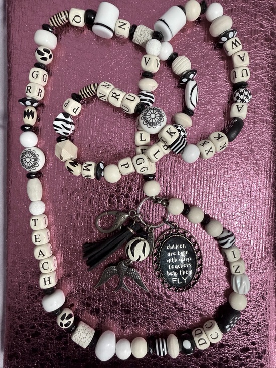 Plunder Jewelry - Plunder Black and Cream Teacher Charm Lanyard 45” gift